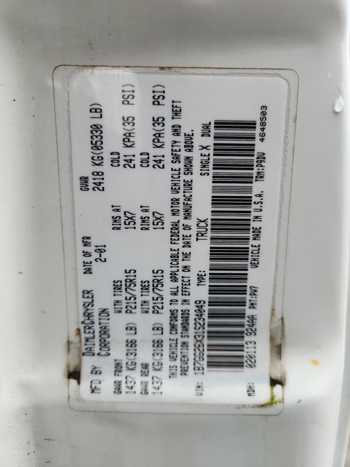 2001 Dodge Dakota VIN: 1B7GG26X31S234049 Lot: 86814245