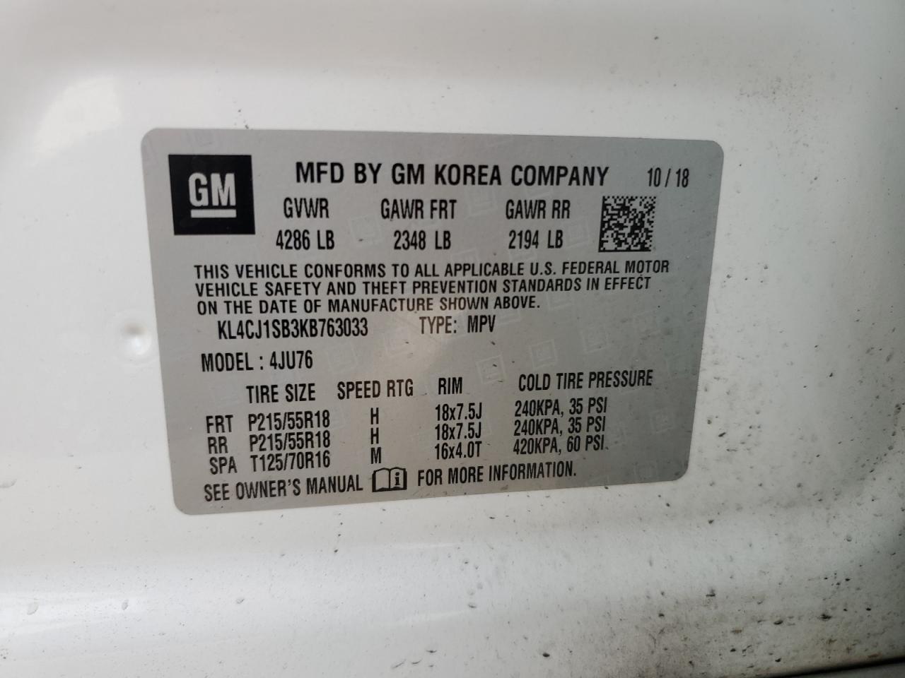 2019 Buick Encore Sport Touring VIN: KL4CJ1SB3KB763033 Lot: 87085175