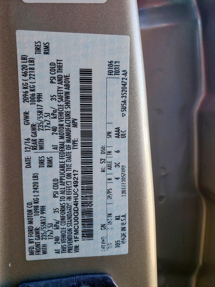 2017 Ford Escape Se VIN: 1FMCU0GD4HUC49217 Lot: 91047225