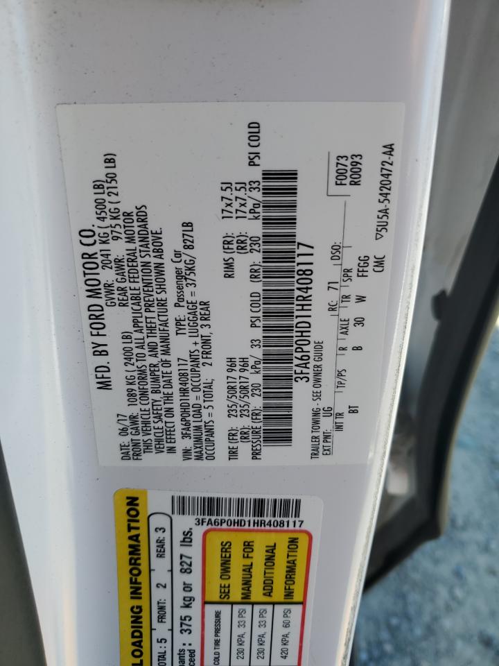 2017 Ford Fusion Se VIN: 3FA6P0HD1HR408117 Lot: 82599815