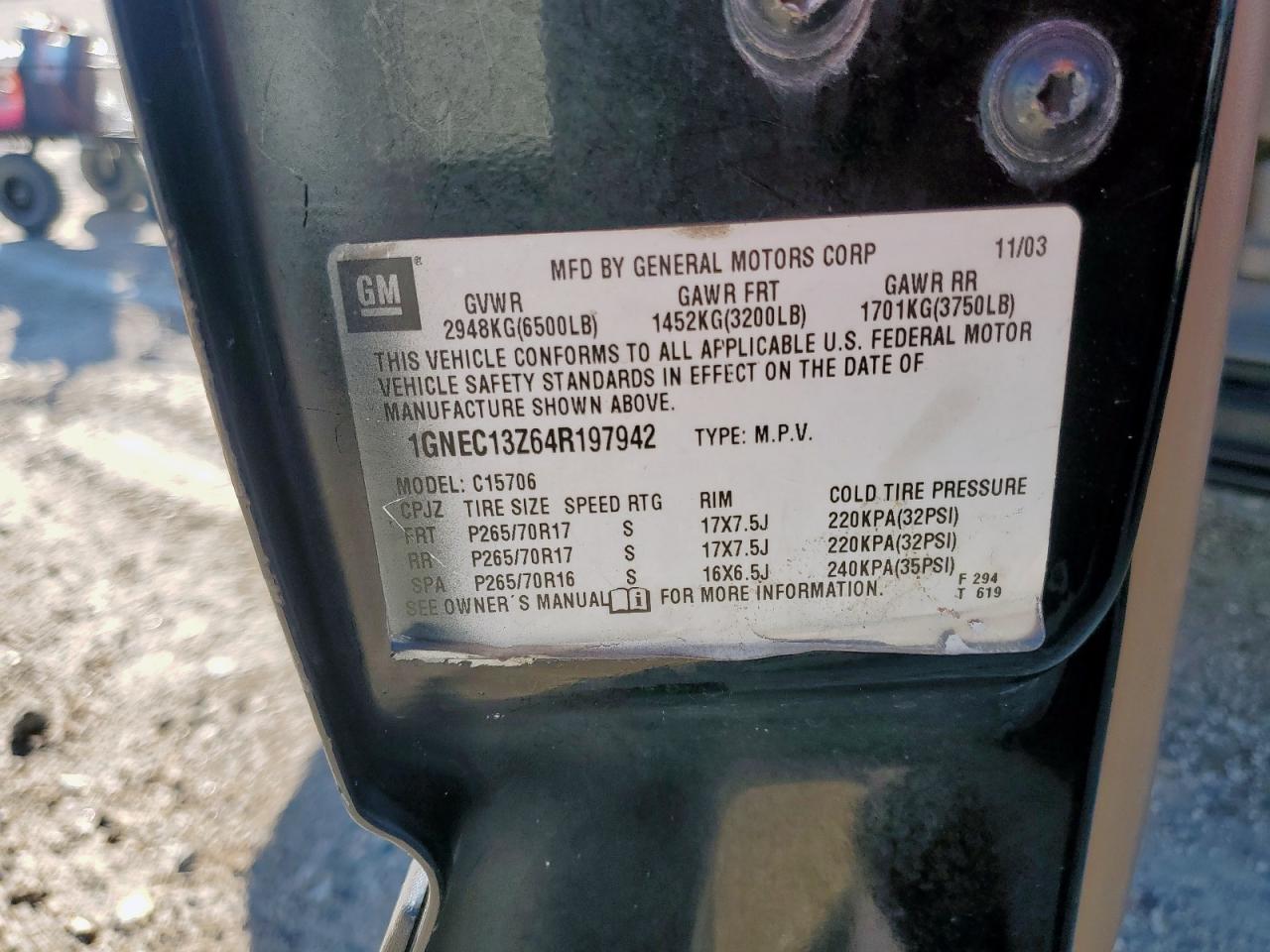 2004 Chevrolet Tahoe C1500 VIN: 1GNEC13Z64R197942 Lot: 87226565