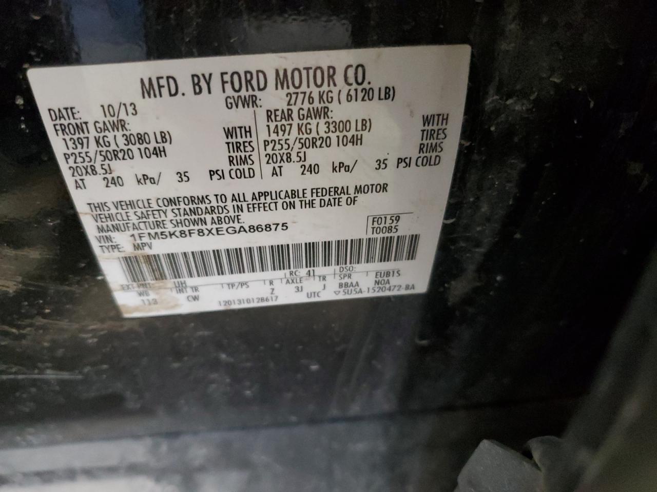 2014 Ford Explorer Limited VIN: 1FM5K8F8XEGA86875 Lot: 85597315