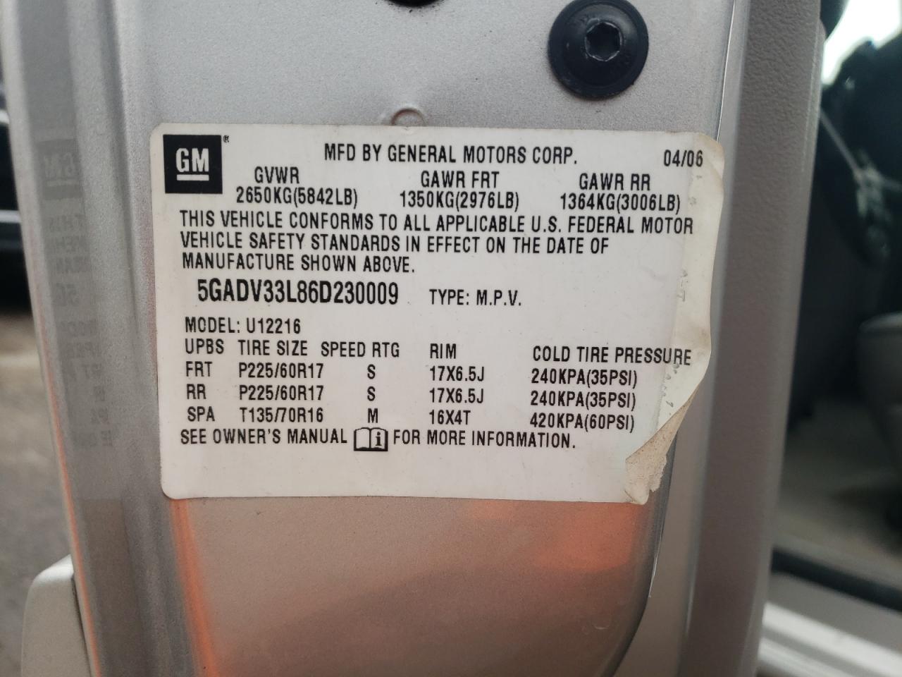 2006 Buick Terraza Cxl VIN: 5GADV33L86D230009 Lot: 85303235