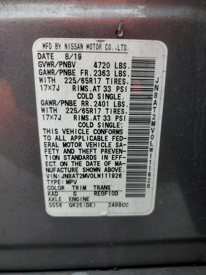 2020 Nissan Rogue S VIN: JN8AT2MV0LW111926 Lot: 85943445