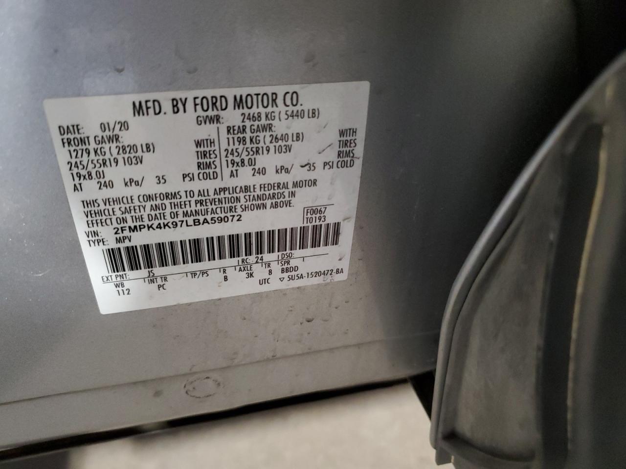 2020 Ford Edge Titanium VIN: 2FMPK4K97LBA59072 Lot: 84895585