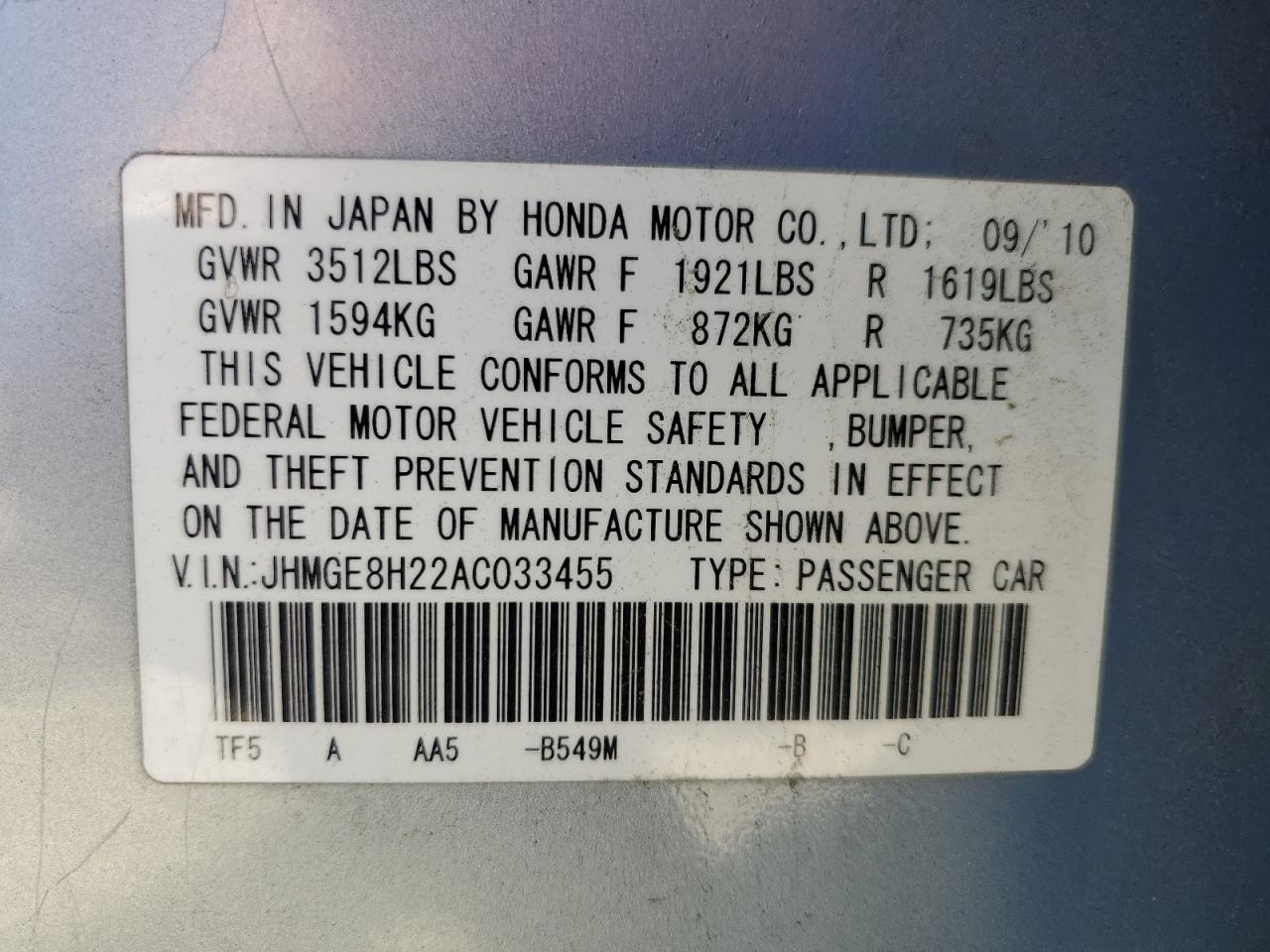 2010 Honda Fit VIN: JHMGE8H22AC033455 Lot: 81974655