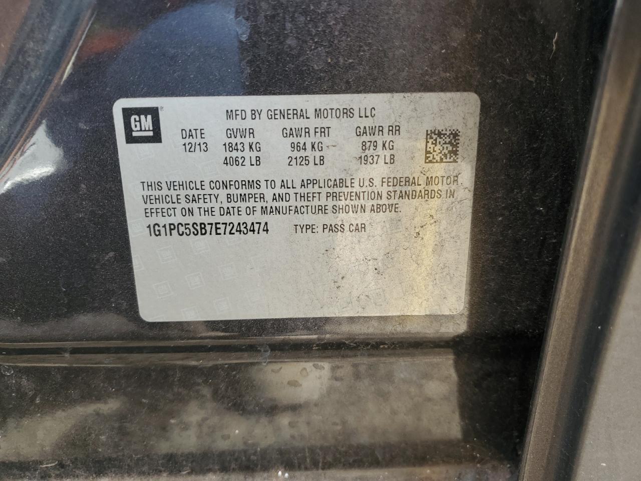 2014 Chevrolet Cruze Lt VIN: 1G1PC5SB7E7243474 Lot: 84970555
