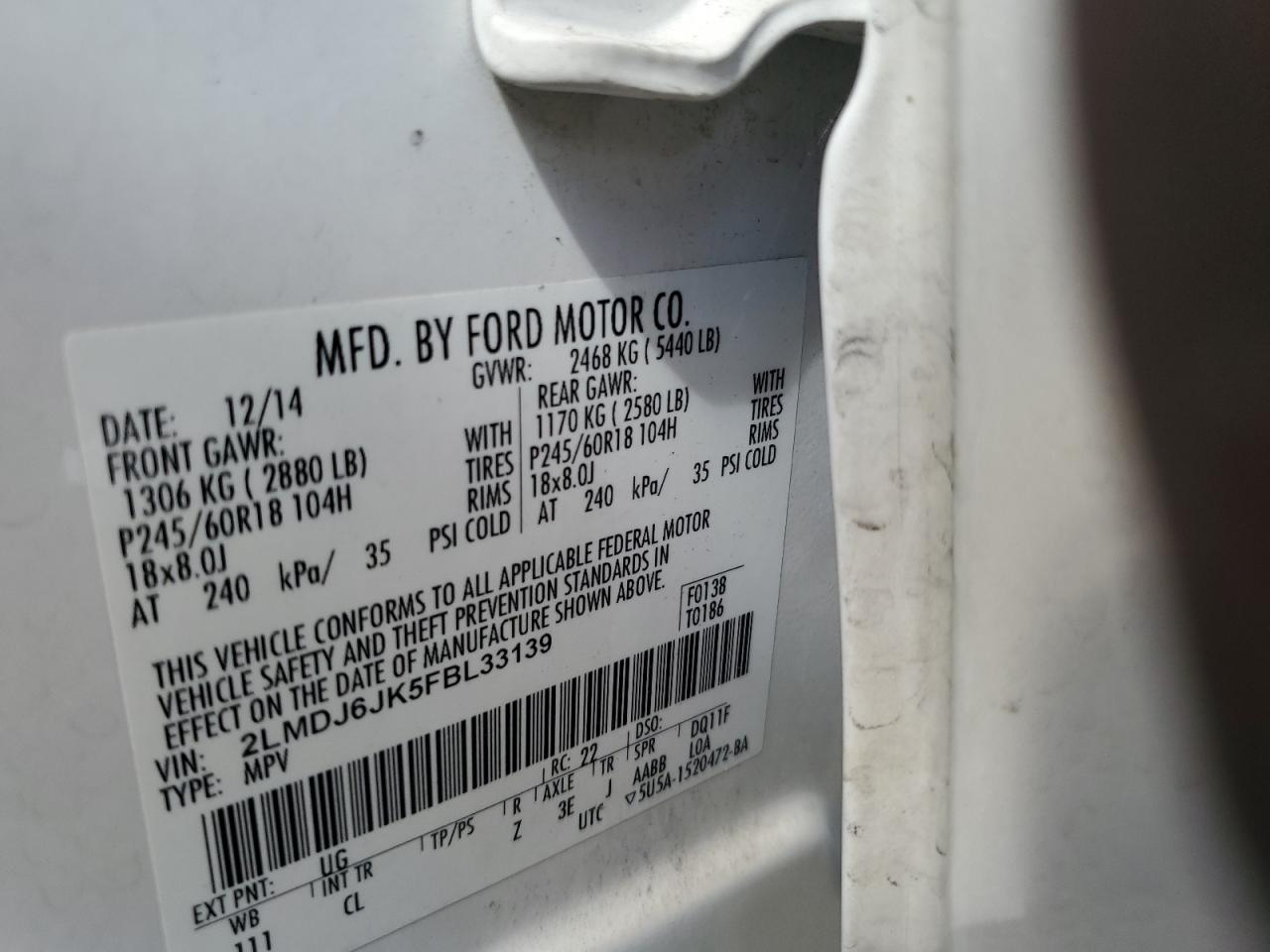 2015 Lincoln Mkx VIN: 2LMDJ6JK5FBL33139 Lot: 82275035