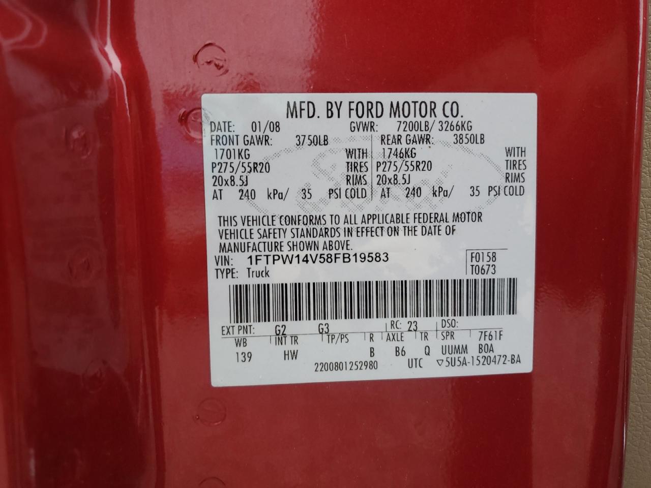 2008 Ford F150 Supercrew VIN: 1FTPW14V58FB19583 Lot: 85958525