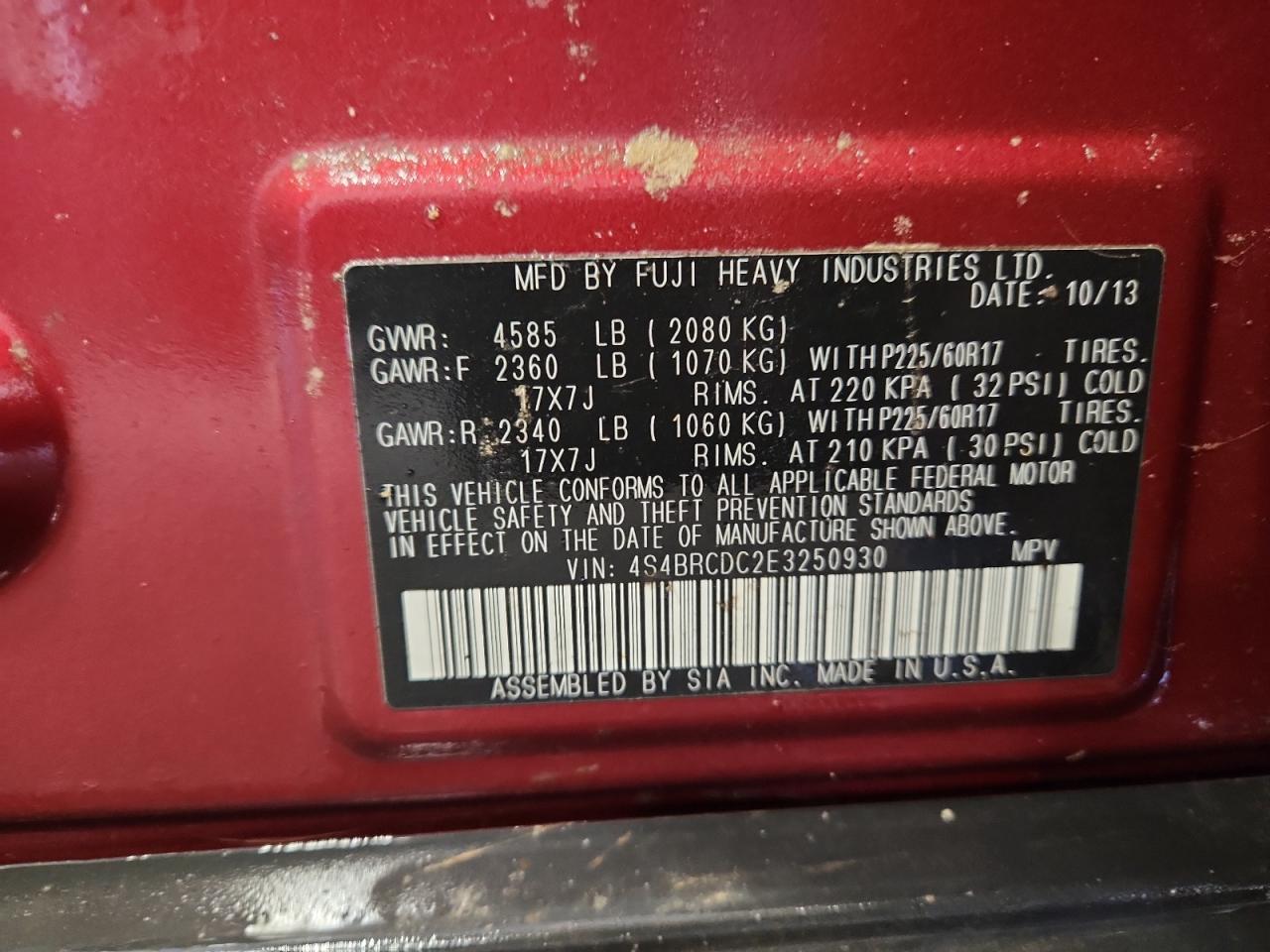 2014 Subaru Outback 2.5I Premium VIN: 4S4BRCDC2E3250930 Lot: 85916125