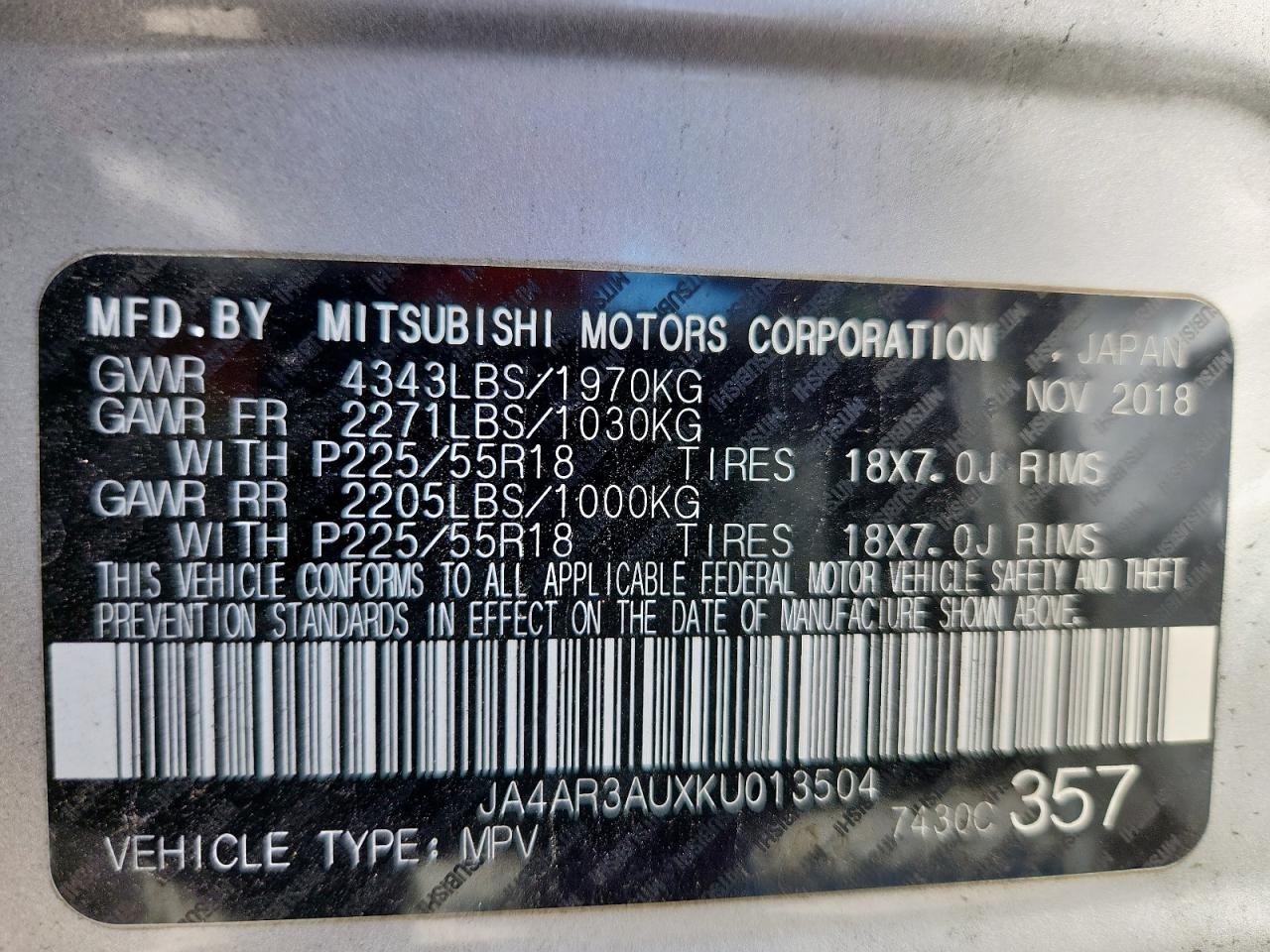 2019 Mitsubishi Outlander Sport Es VIN: JA4AR3AUXKU013504 Lot: 90482555