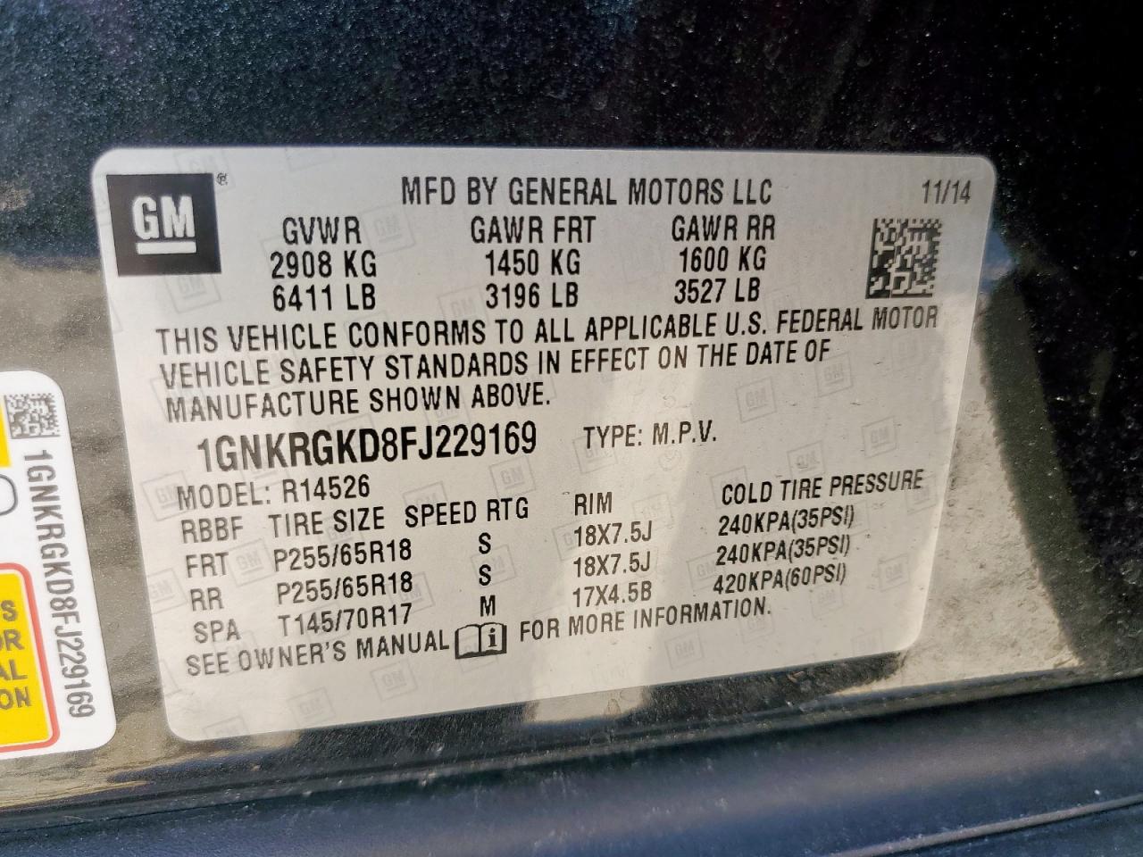 2015 Chevrolet Traverse Lt VIN: 1GNKRGKD8FJ229169 Lot: 85317275