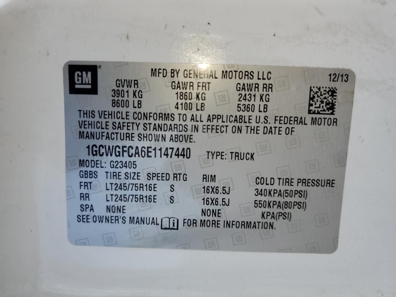 2014 Chevrolet Express G2500 VIN: 1GCWGFCA6E1147440 Lot: 85293465