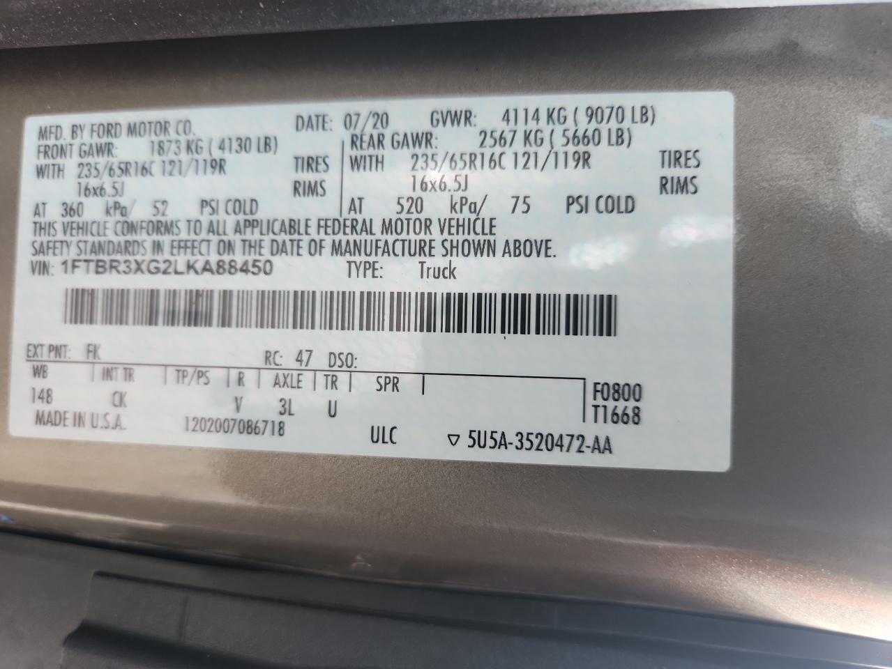 2020 Ford Transit T-250 VIN: 1FTBR3XG2LKA88450 Lot: 85001435