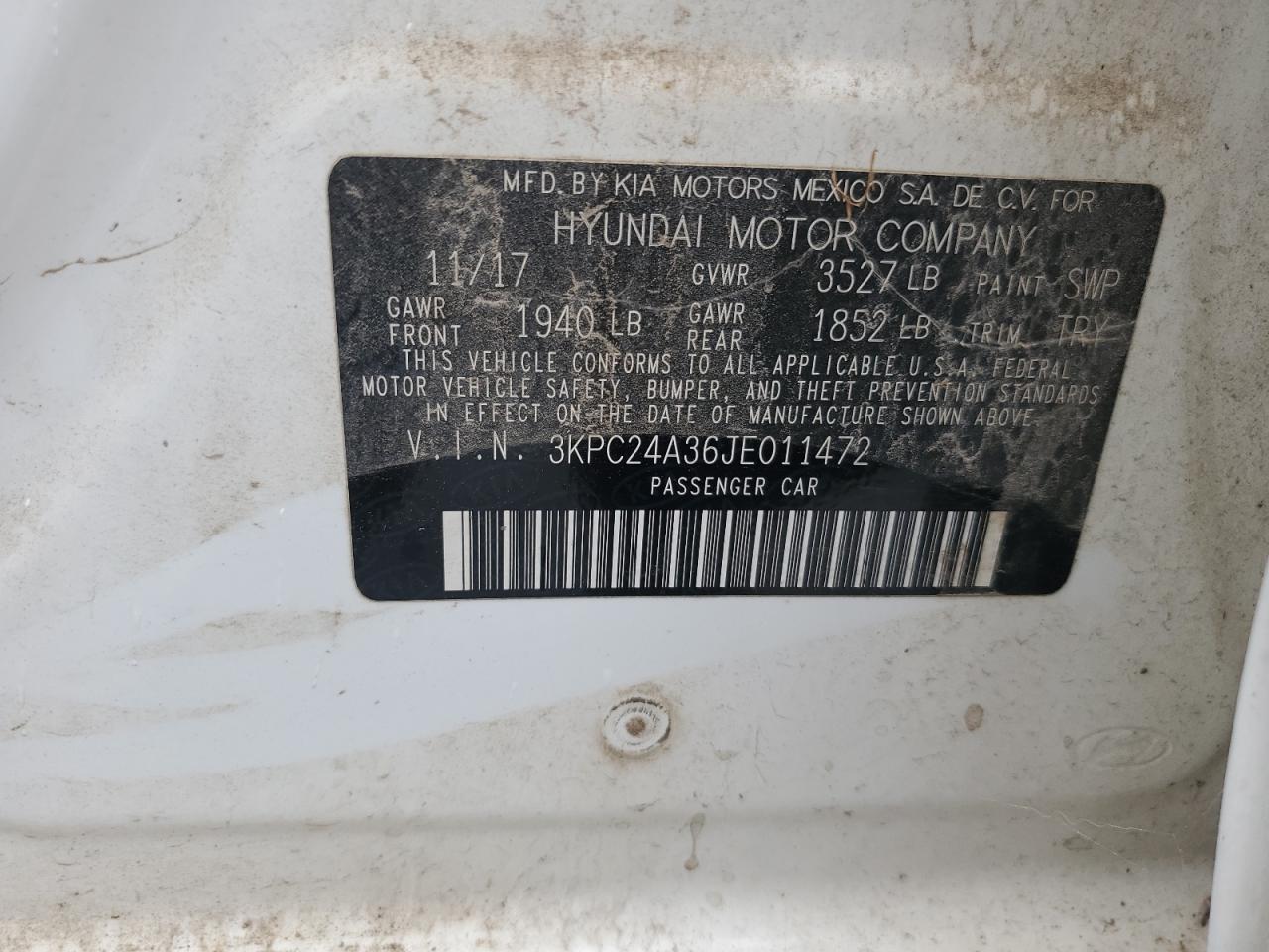 2018 Hyundai Accent Se VIN: 3KPC24A36JE011472 Lot: 86621865