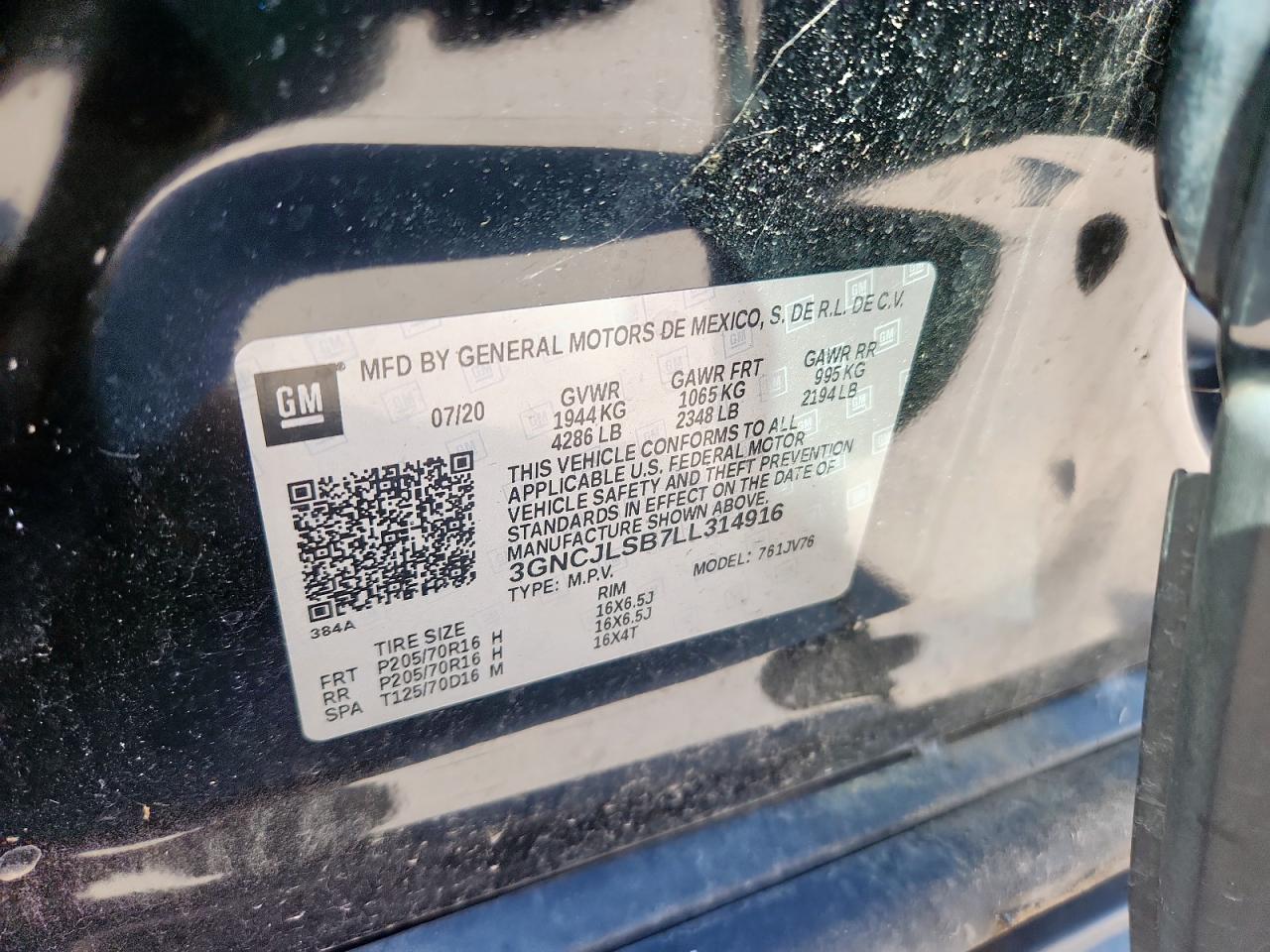 2020 Chevrolet Trax 1Lt VIN: 3GNCJLSB7LL314916 Lot: 85767905