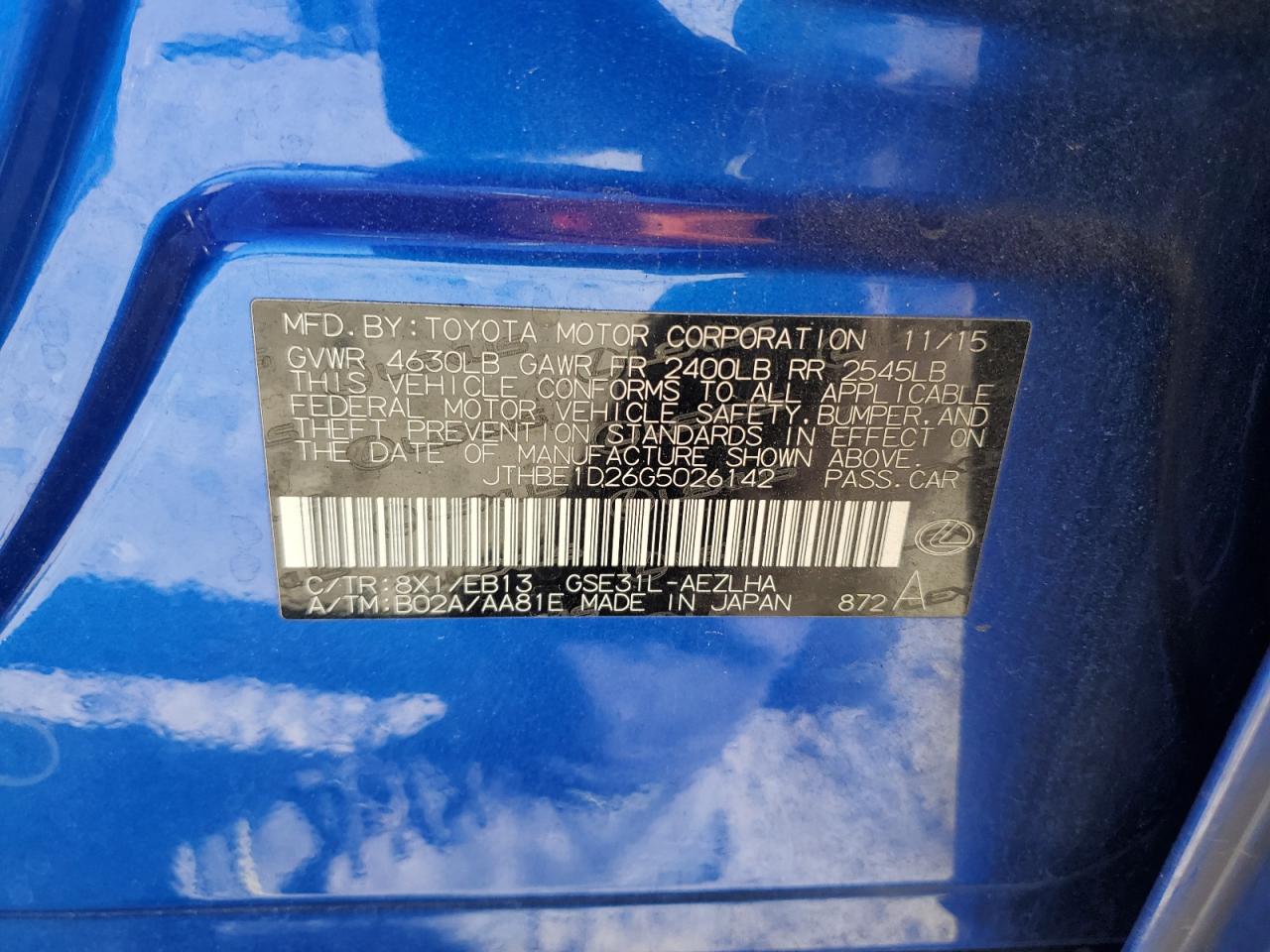 2016 Lexus Is 350 VIN: JTHBE1D26G5026142 Lot: 87102015