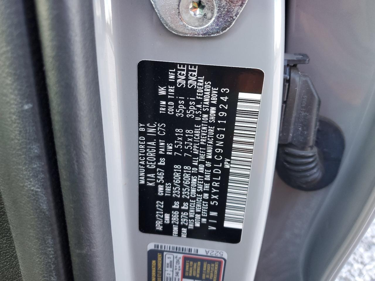 2022 Kia Sorento S VIN: 5XYRLDLC9NG119243 Lot: 82657895