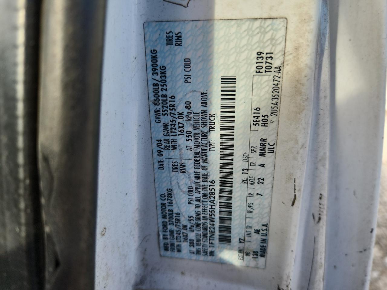 2005 Ford Econoline E250 Van VIN: 1FTNE24W55HA28516 Lot: 93969805