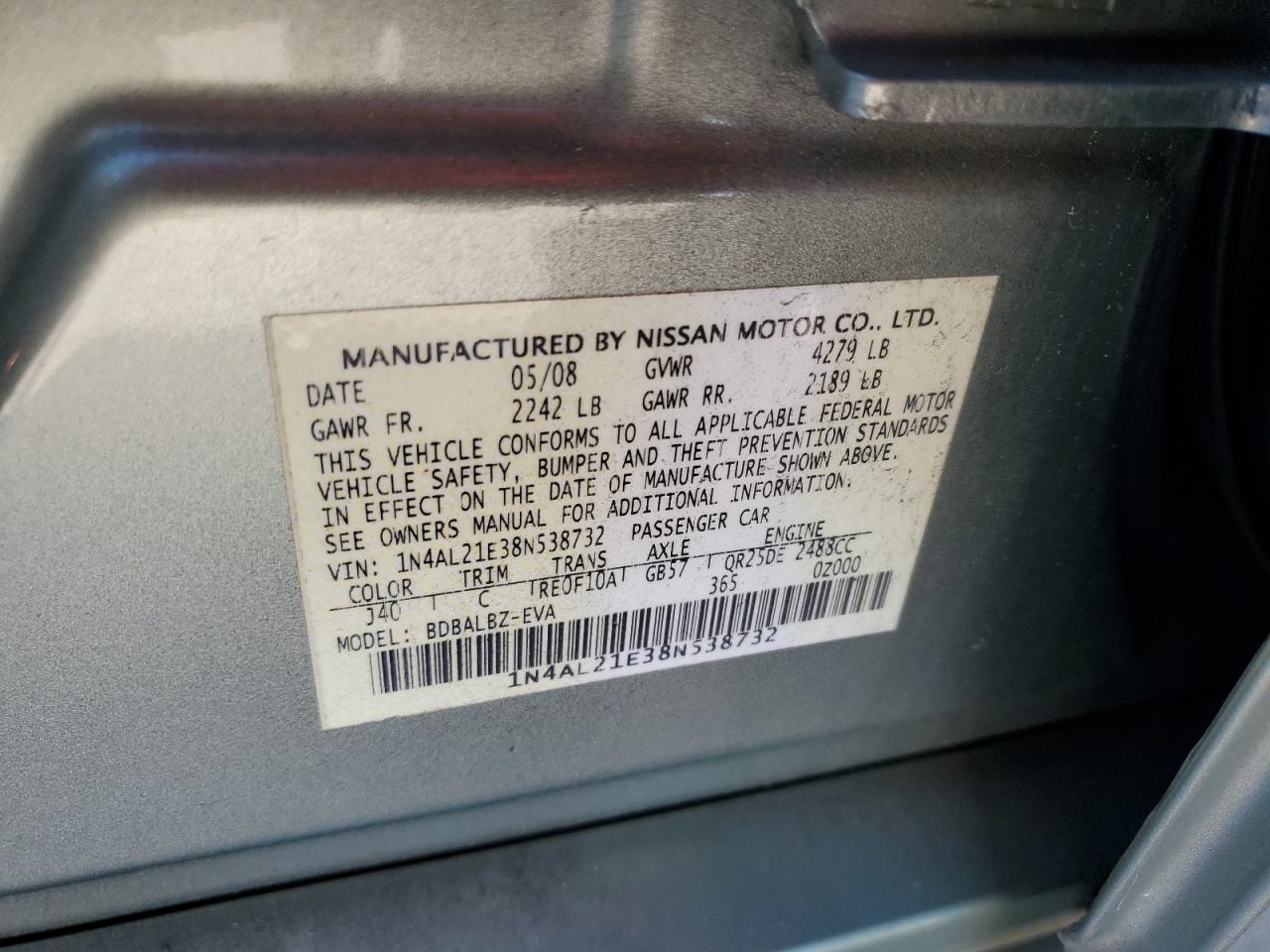 2008 Nissan Altima 2.5 VIN: 1N4AL21E38N538732 Lot: 85784045