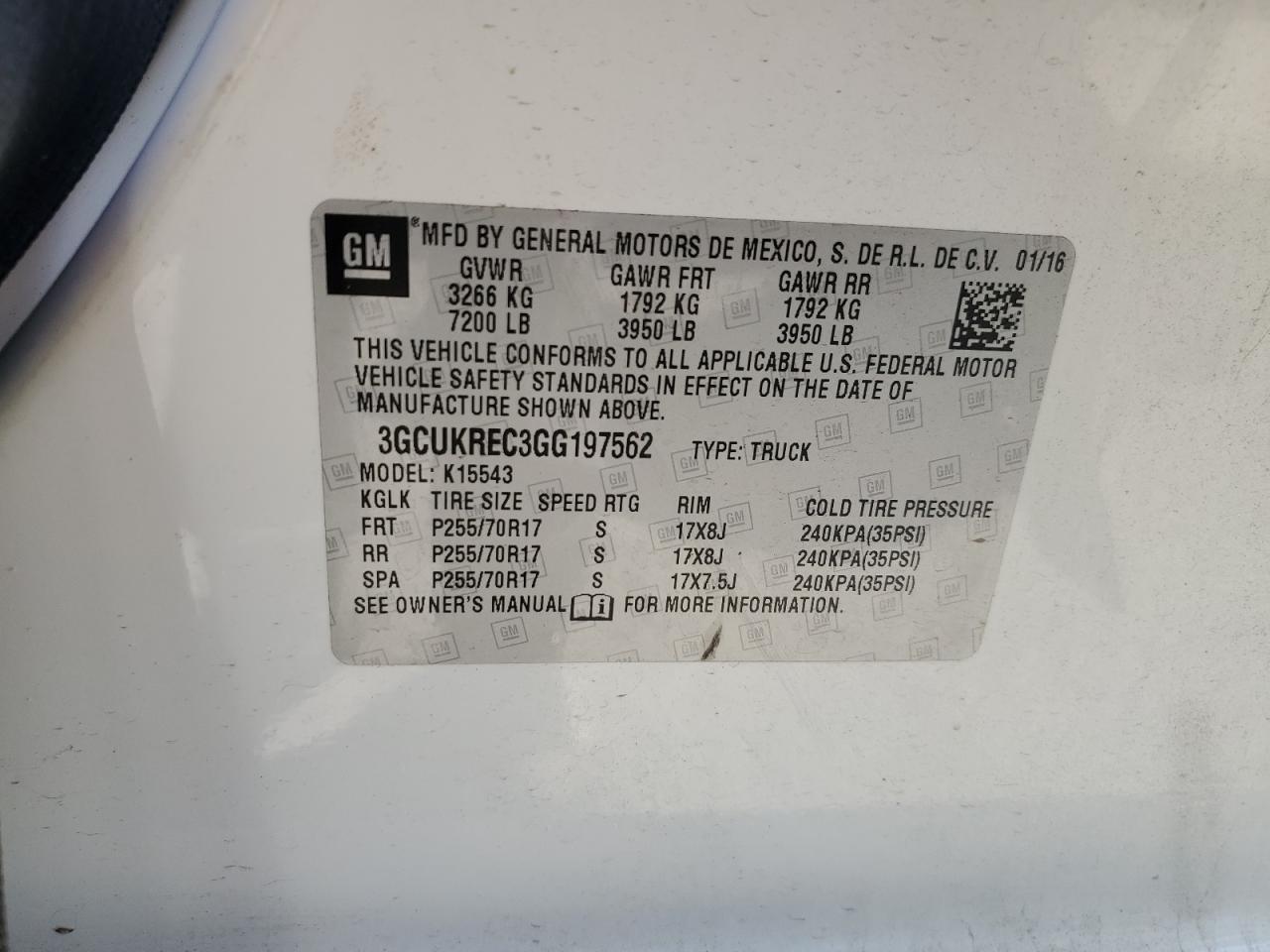 2016 Chevrolet Silverado K1500 Lt VIN: 3GCUKREC3GG197562 Lot: 84819705