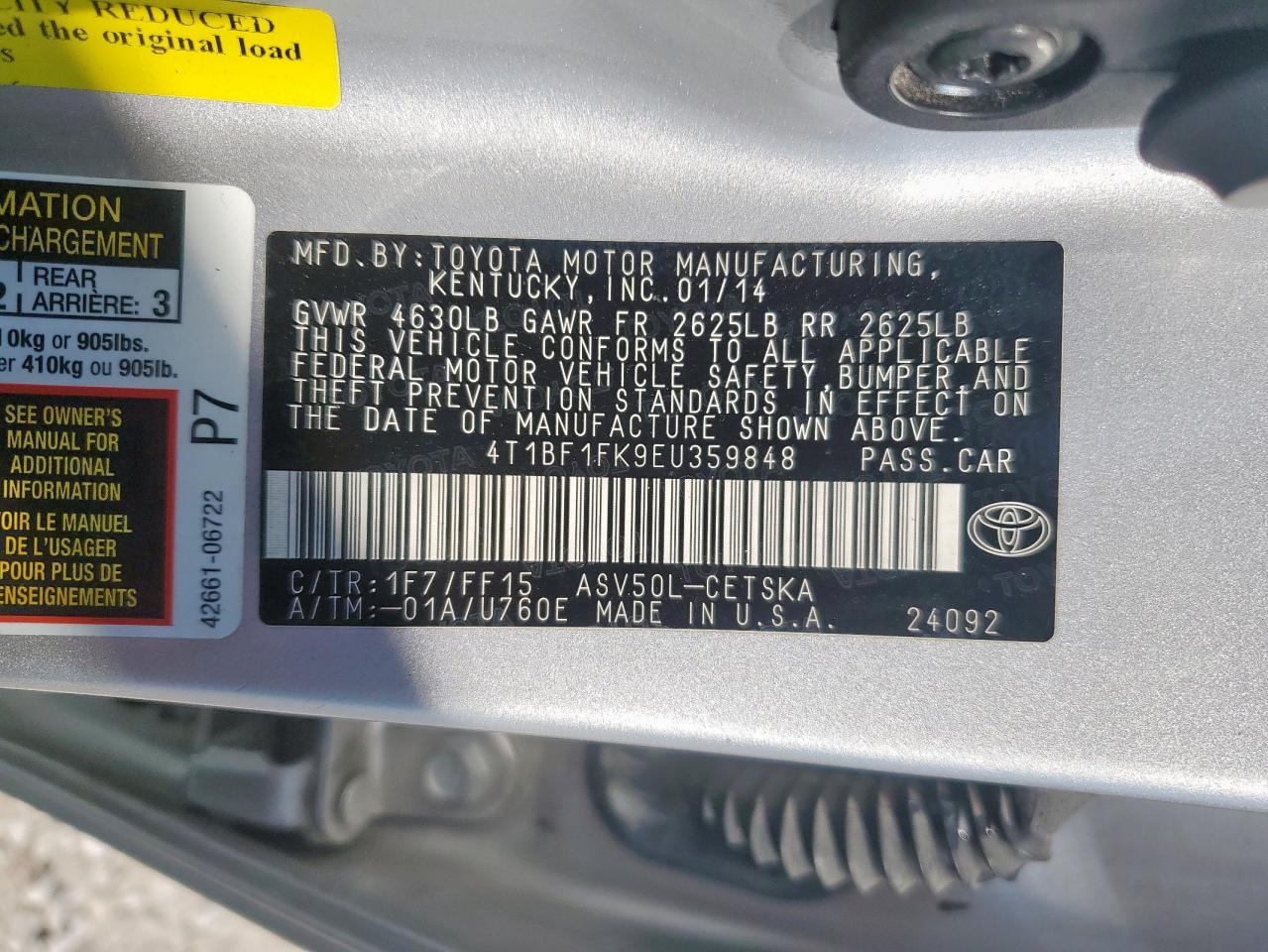 2014 Toyota Camry L VIN: 4T1BF1FK9EU359848 Lot: 85316455