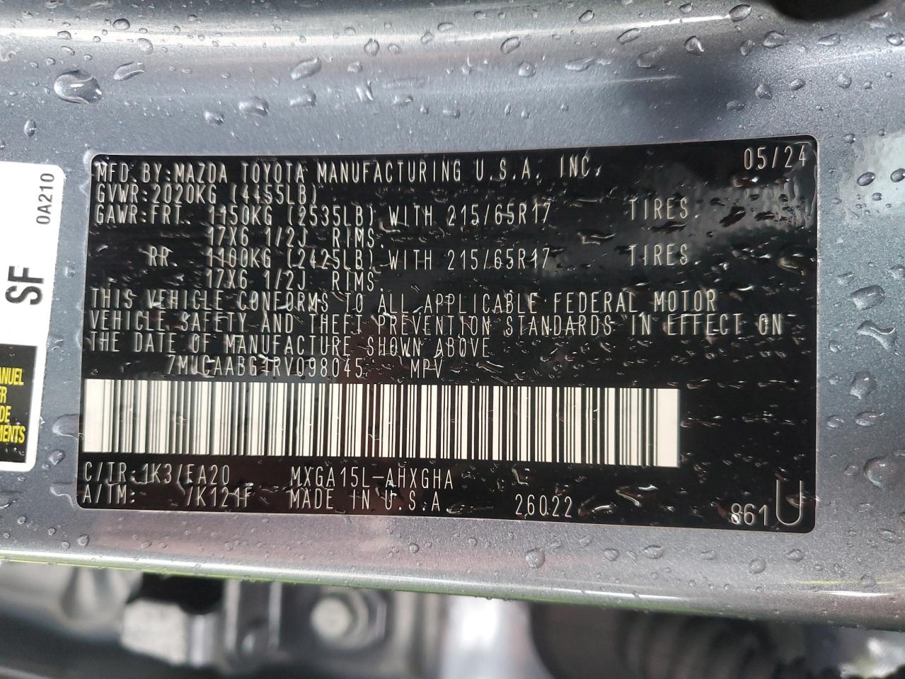 2024 Toyota Corolla Cross Le VIN: 7MUCAABG1RV098045 Lot: 84884185