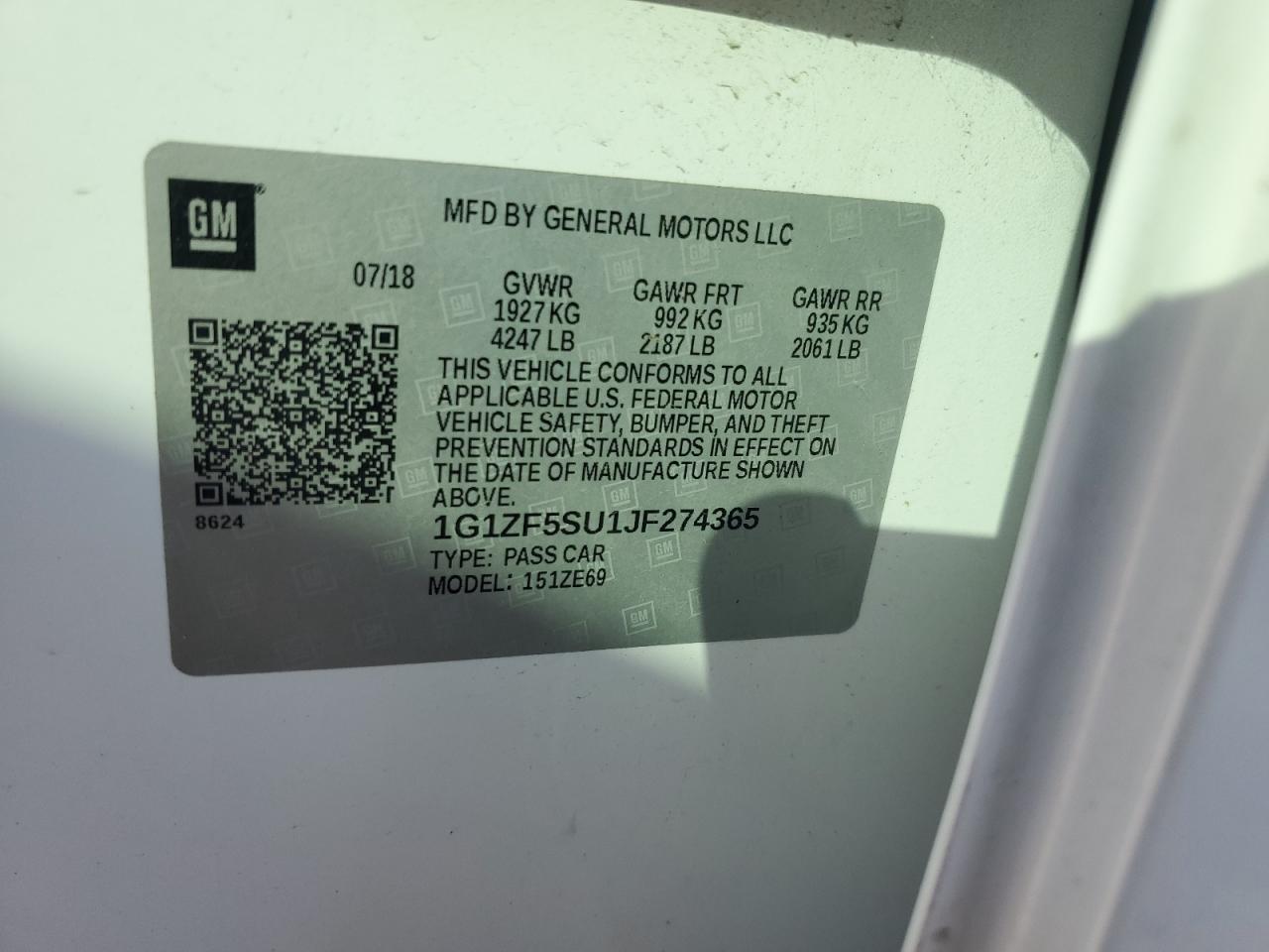 2018 Chevrolet Malibu Hybrid VIN: 1G1ZF5SU1JF274365 Lot: 87285925