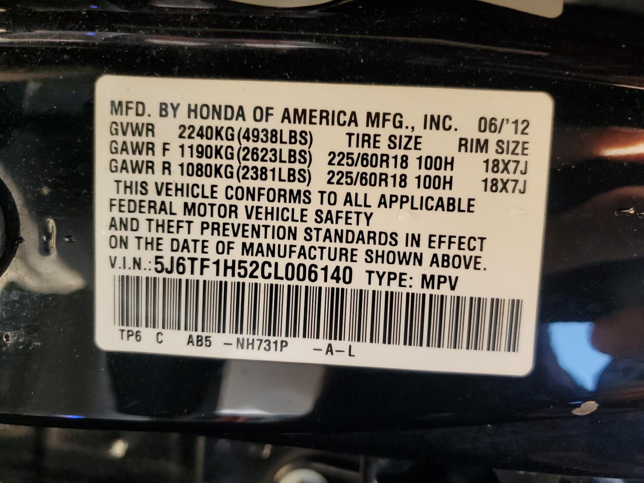 2012 Honda Crosstour Exl VIN: 5J6TF1H52CL006140 Lot: 90912385