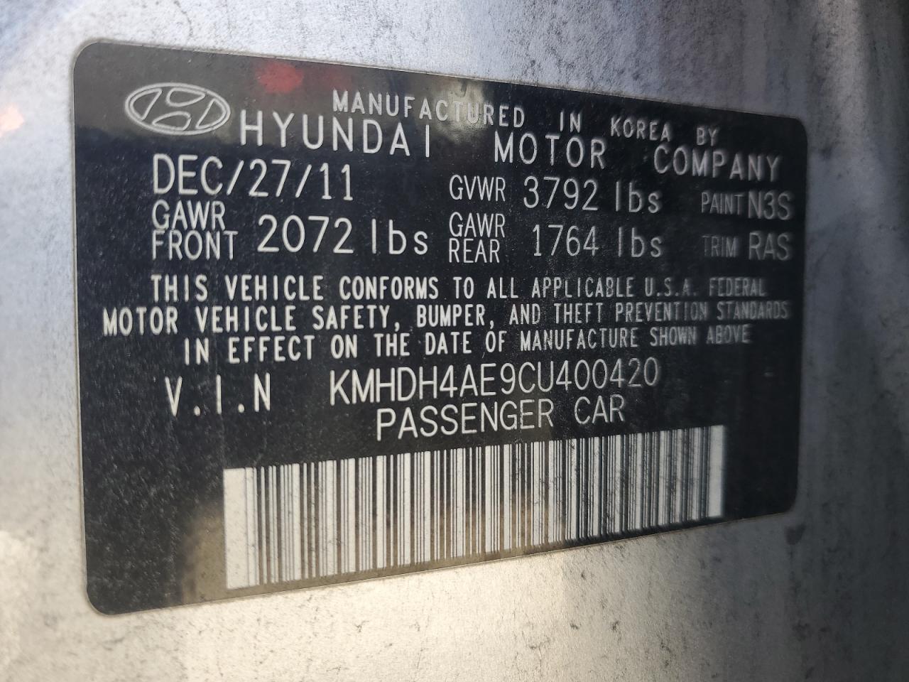 2012 Hyundai Elantra Gls VIN: KMHDH4AE9CU400420 Lot: 87069715