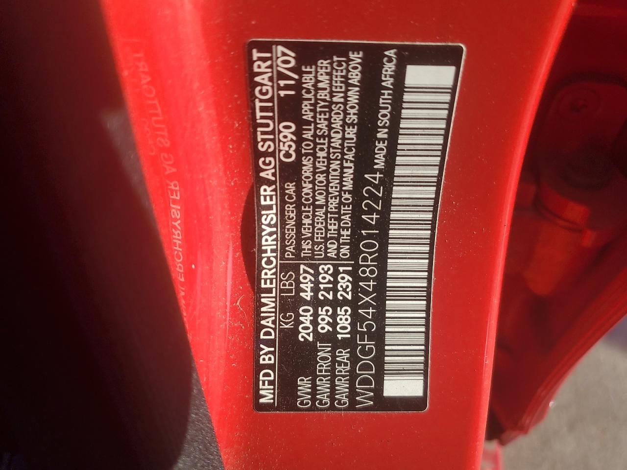 2008 Mercedes-Benz C 300 VIN: WDDGF54X48R014224 Lot: 86546605