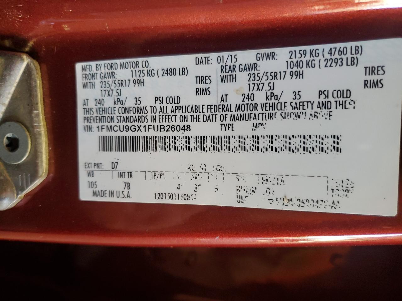 2015 Ford Escape Se VIN: 1FMCU9GX1FUB26048 Lot: 90382975