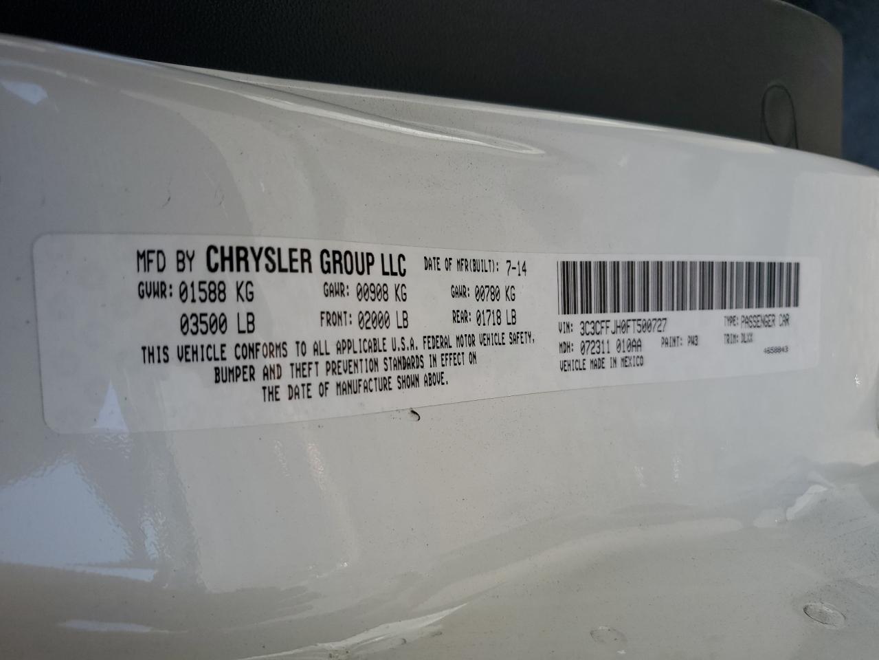 2015 Fiat 500 Abarth VIN: 3C3CFFJH0FT500727 Lot: 85373725