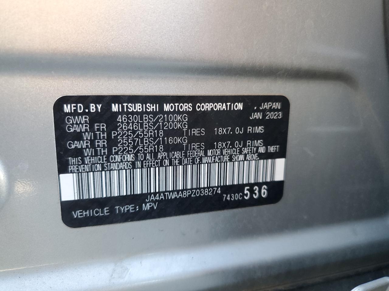 2023 Mitsubishi Eclipse Cross Se VIN: JA4ATWAA8PZ038274 Lot: 86613305