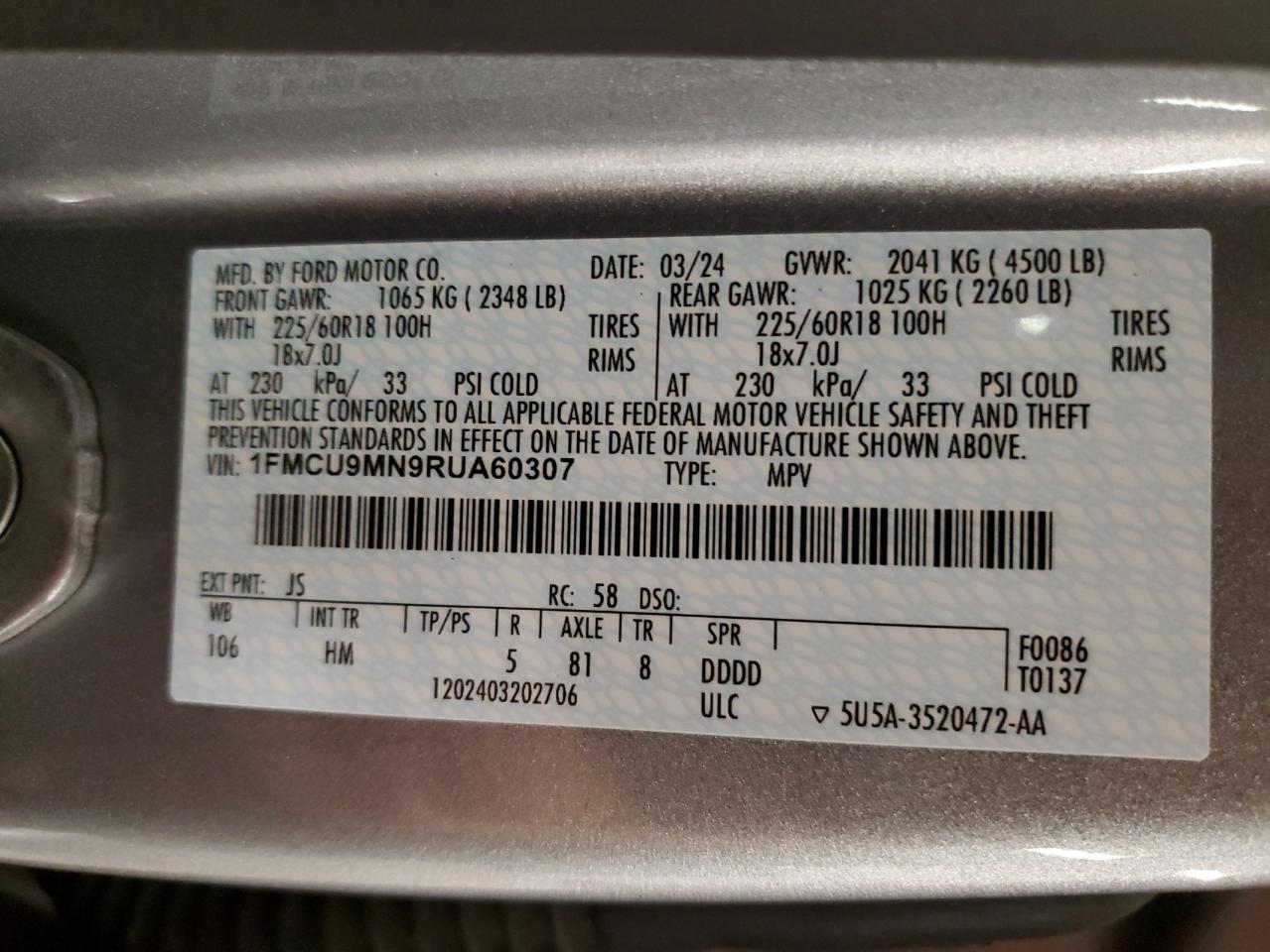 2024 Ford Escape St Line VIN: 1FMCU9MN9RUA60307 Lot: 82369525