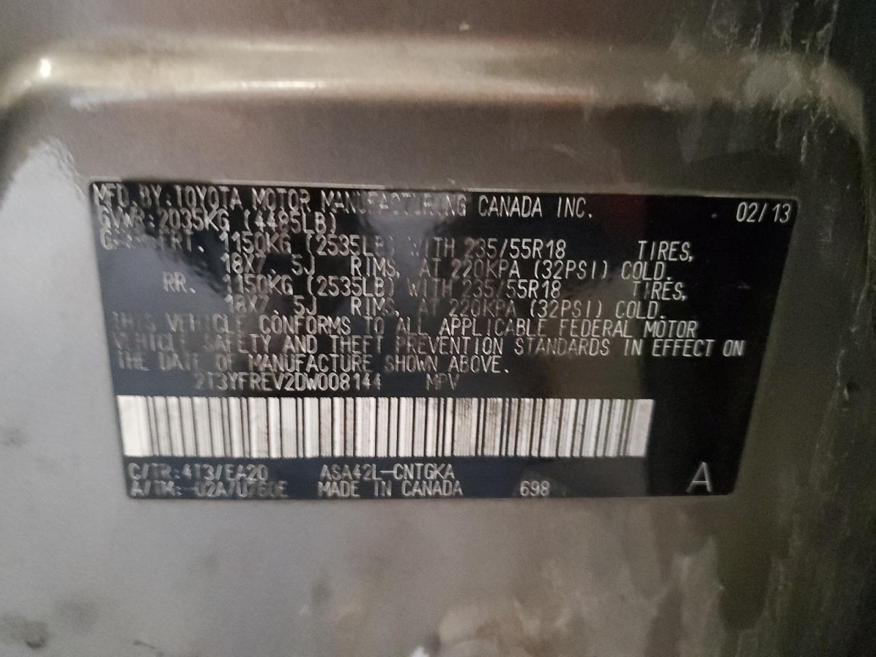 2013 Toyota Rav4 Limited VIN: 2T3YFREV2DW008144 Lot: 85188755