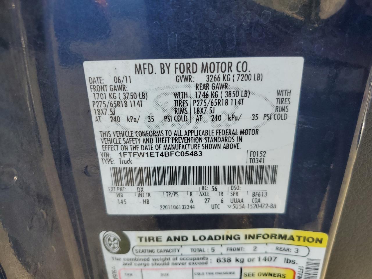 2011 Ford F150 Supercrew VIN: 1FTFW1ET4BFC05483 Lot: 82344065