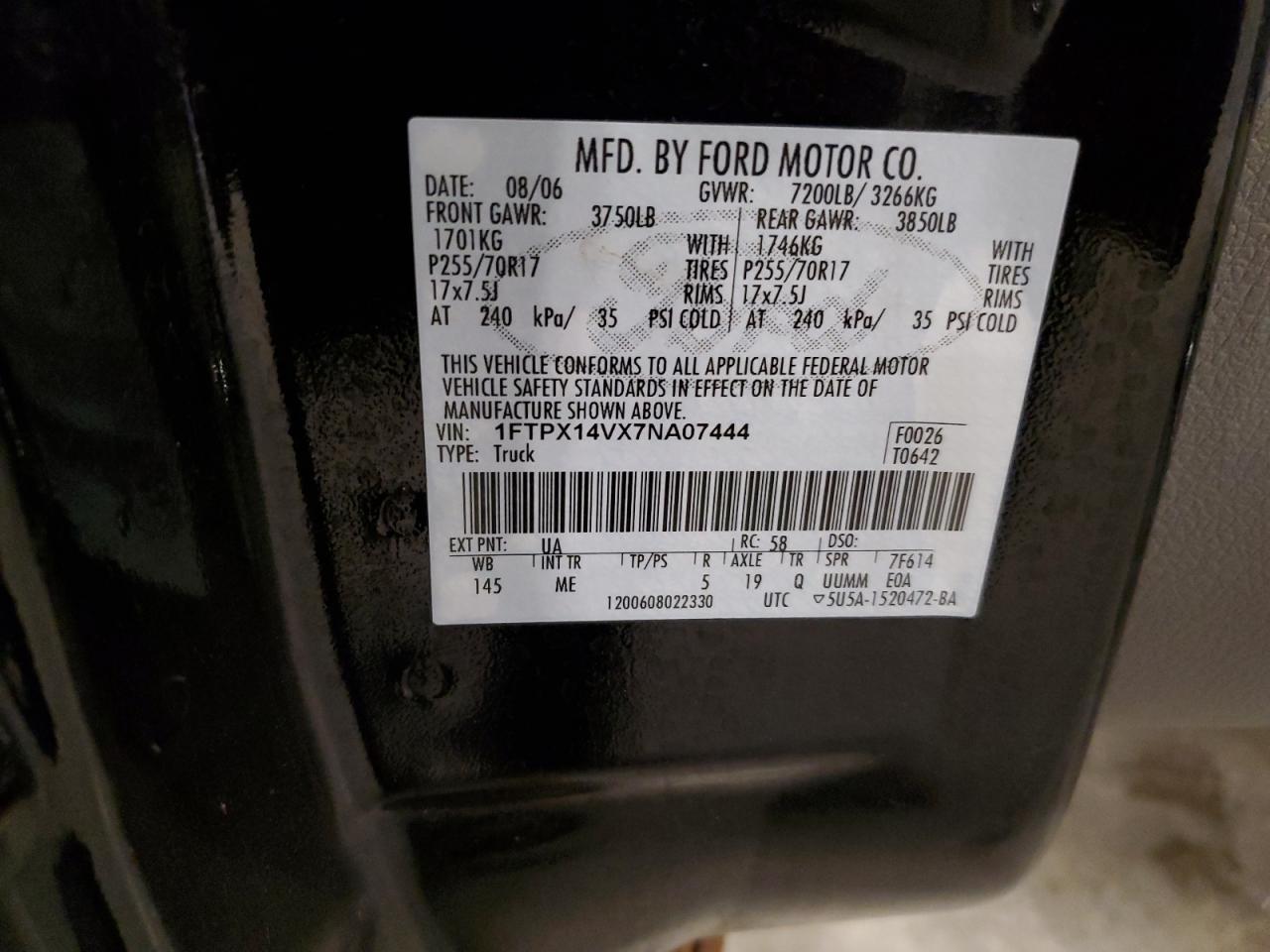 2007 Ford F150 VIN: 1FTPX14VX7NA07444 Lot: 86623325