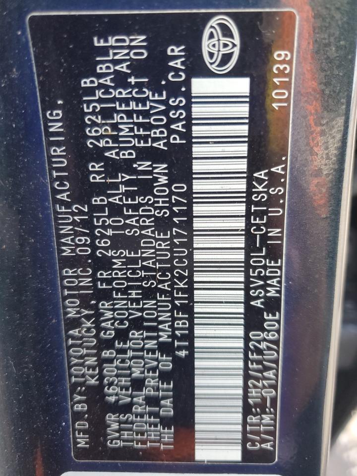 2012 Toyota Camry Base VIN: 4T1BF1FK2CU171170 Lot: 81325045