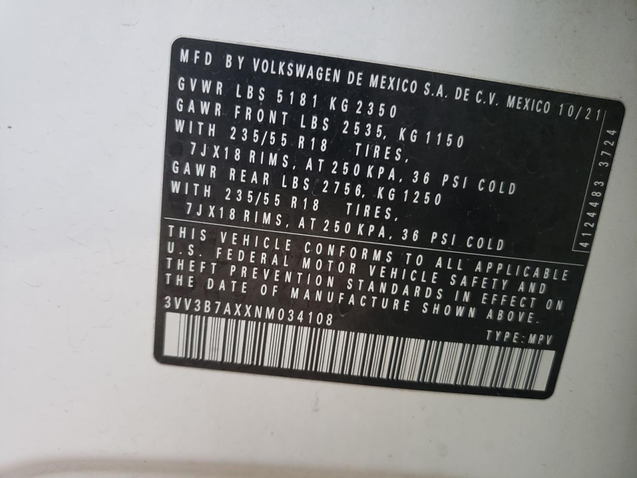 2022 Volkswagen Tiguan Se VIN: 3VV3B7AXXNM034108 Lot: 86325755