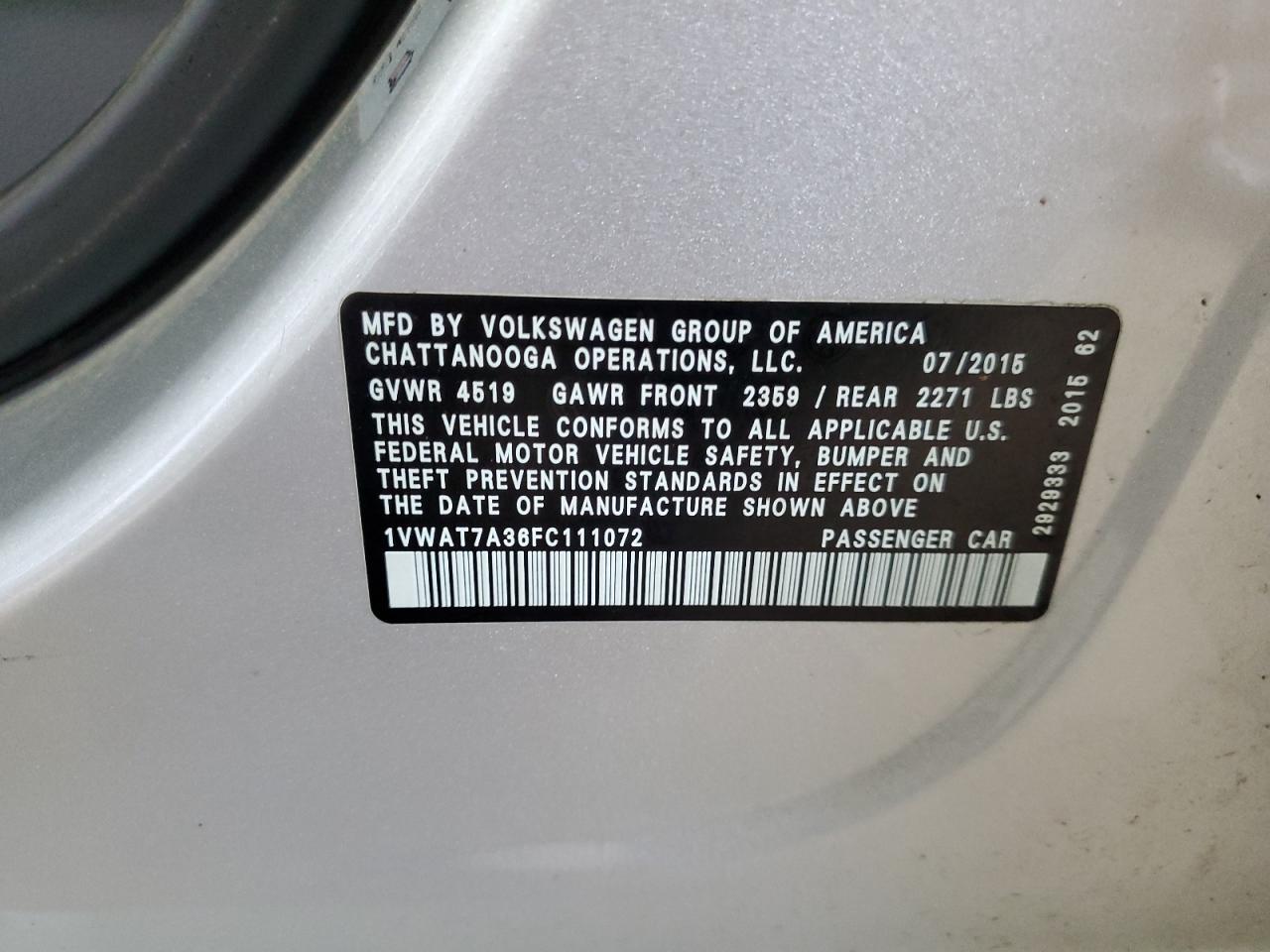 2015 Volkswagen Passat S VIN: 1VWAT7A36FC111072 Lot: 81395805