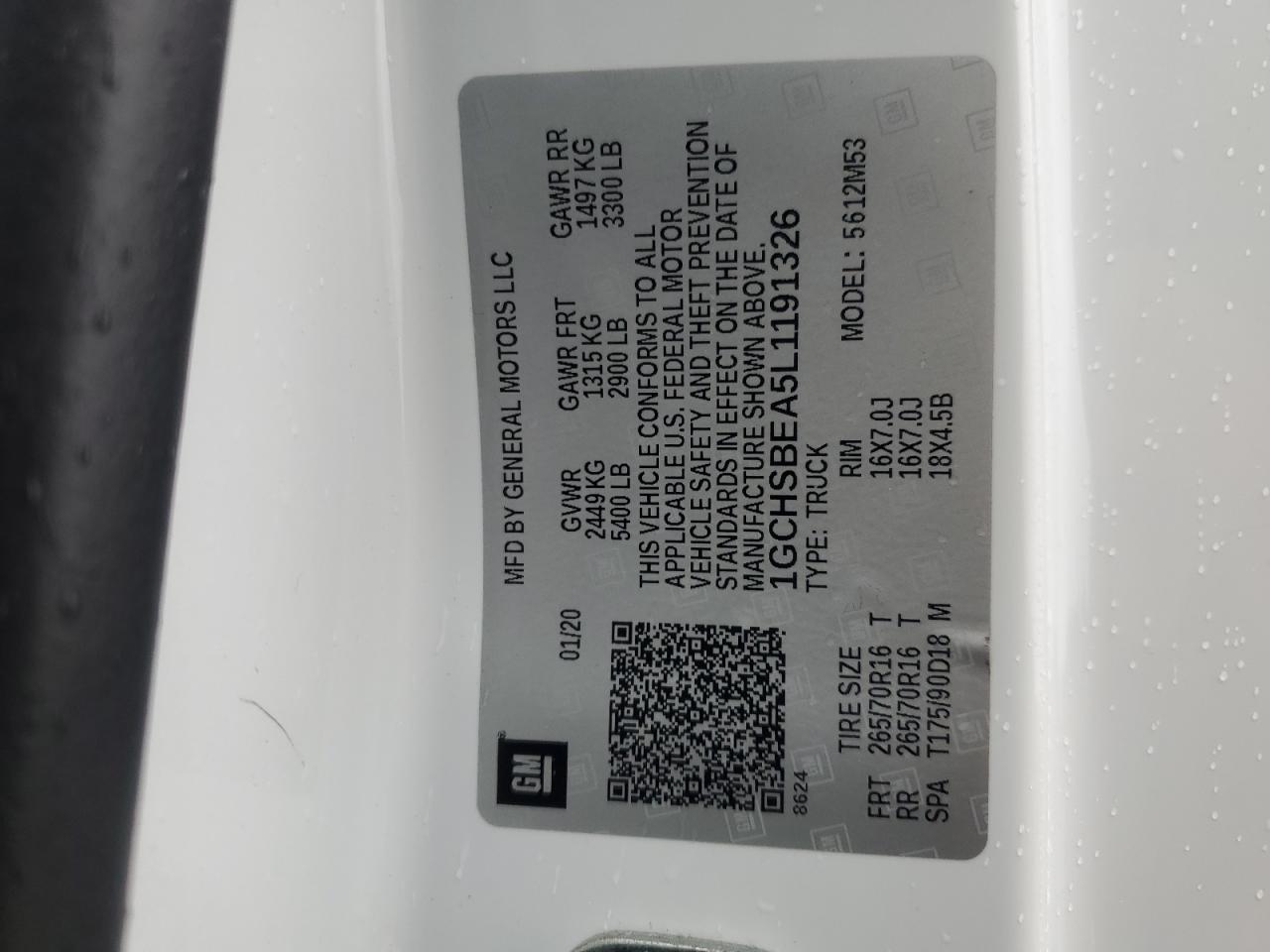 2020 Chevrolet Colorado VIN: 1GCHSBEA5L1191326 Lot: 85558585