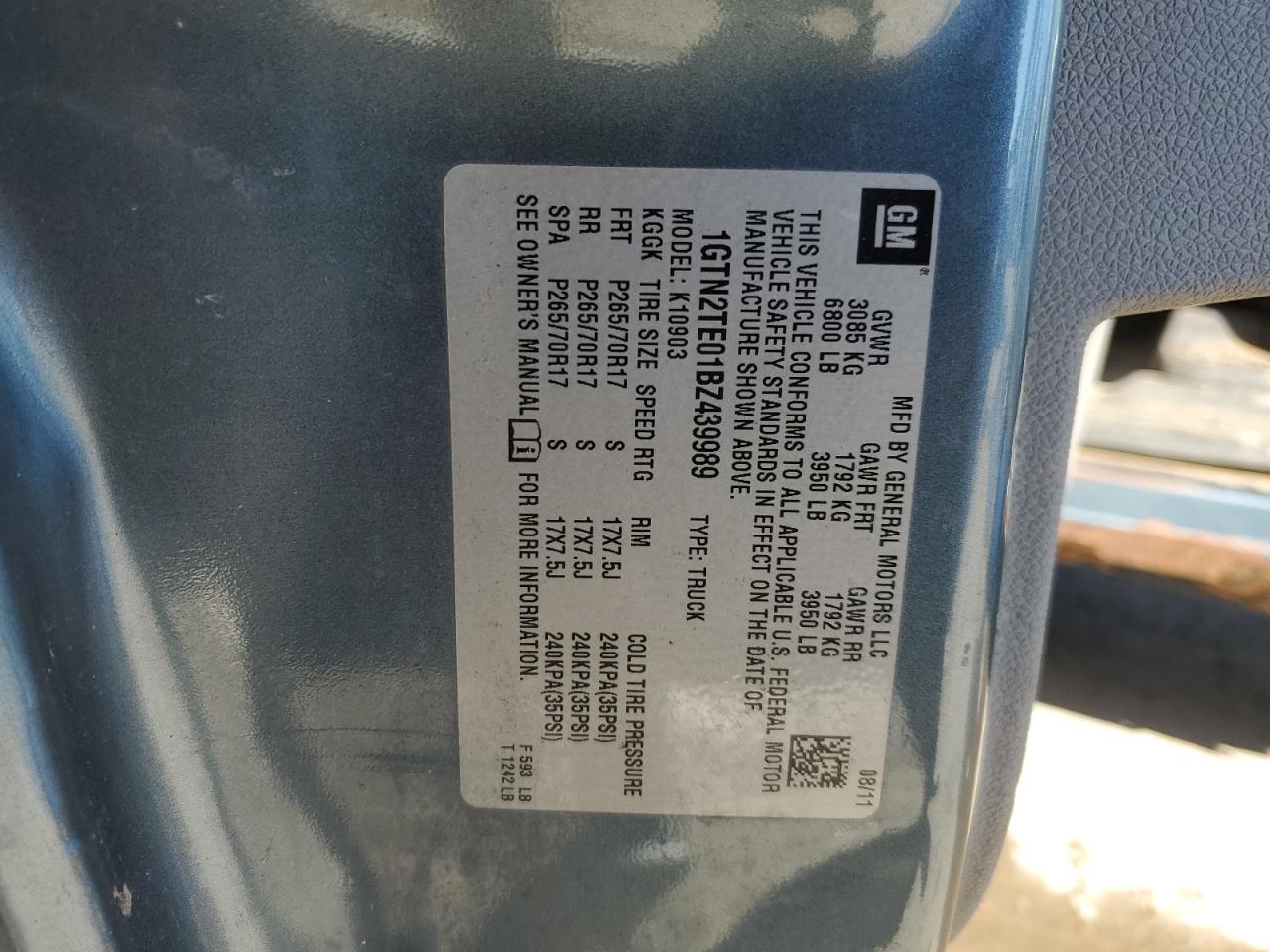 2011 GMC Sierra K1500 VIN: 1GTN2TE01BZ439989 Lot: 85567765