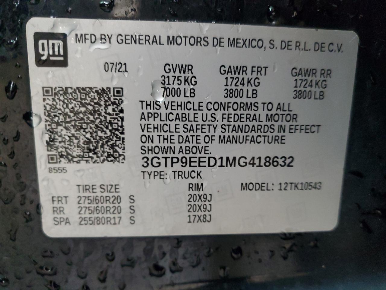2021 GMC Sierra K1500 At4 VIN: 3GTP9EED1MG418632 Lot: 86068005