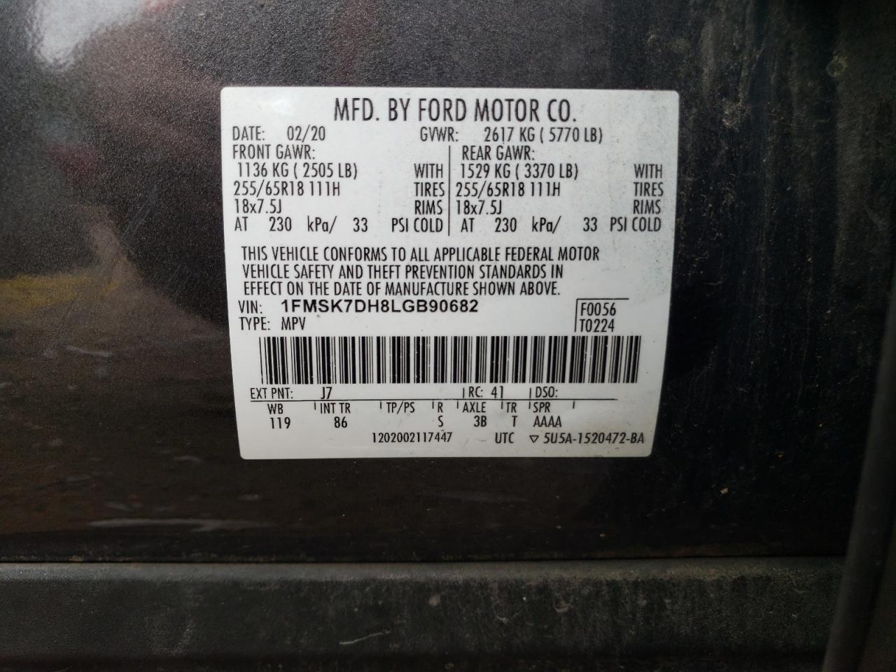 2020 Ford Explorer Xlt VIN: 1FMSK7DH8LGB90682 Lot: 82422765