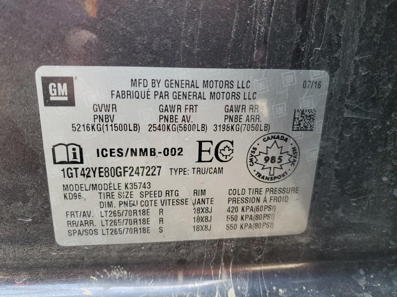 2016 GMC Sierra K3500 Denali VIN: 1GT42YE80GF247227 Lot: 84787015