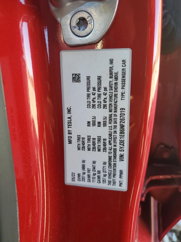 2022 Tesla Model 3 VIN: 5YJ3E1EB6NF267019 Lot: 86643695