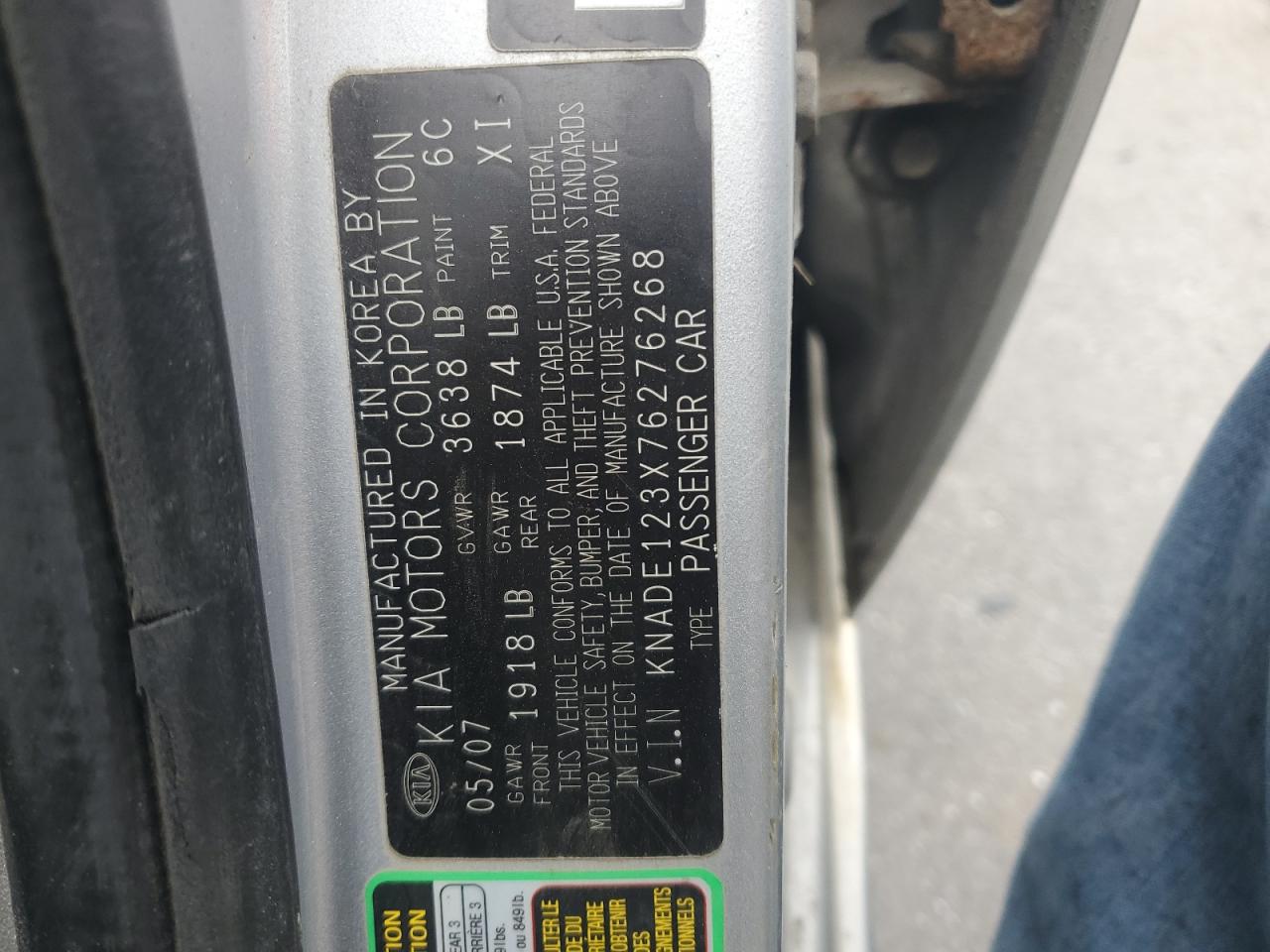 2007 Kia Rio Base VIN: KNADE123X76276268 Lot: 90030555