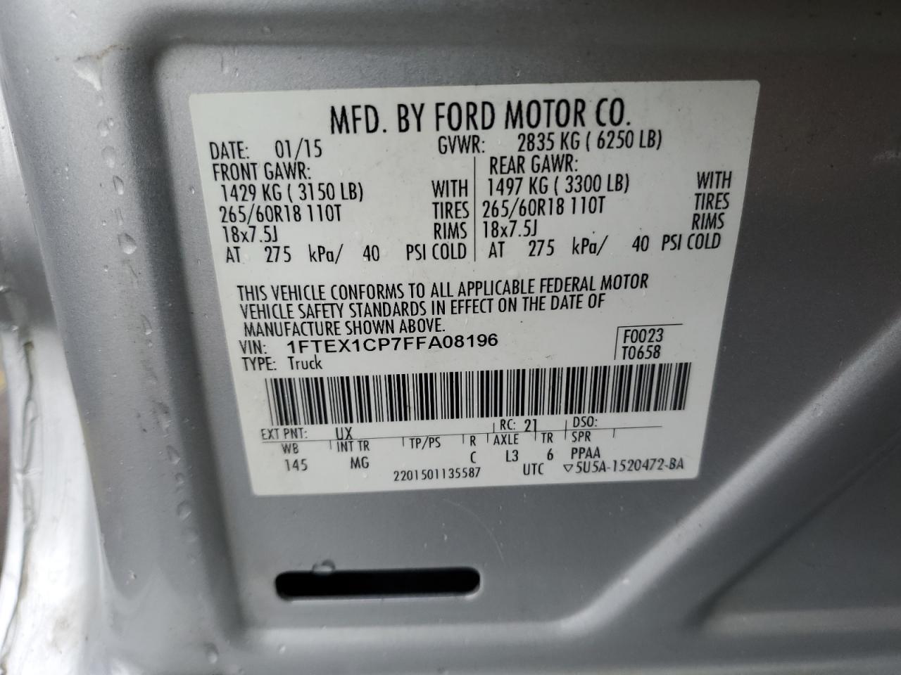 2015 Ford F150 Super Cab VIN: 1FTEX1CP7FFA08196 Lot: 82710085