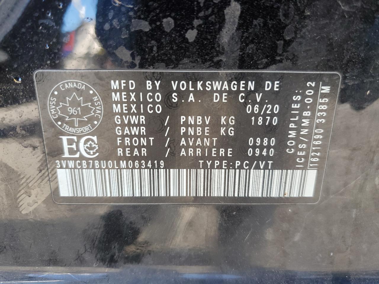 2020 Volkswagen Jetta S VIN: 3VWCB7BU0LM063419 Lot: 85579075